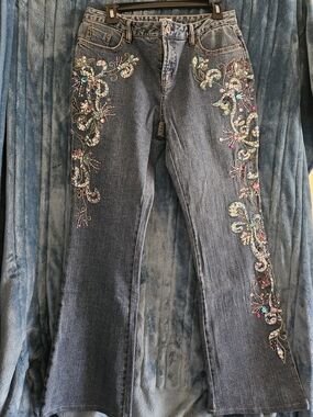 Cache Blue Flared Jeans with Multicolor Sequin Embroidery